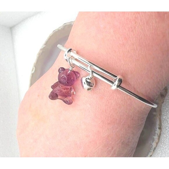 Adorable Bangle Bracelet with Fluorite Bear and Bell - Picture 5 of 5